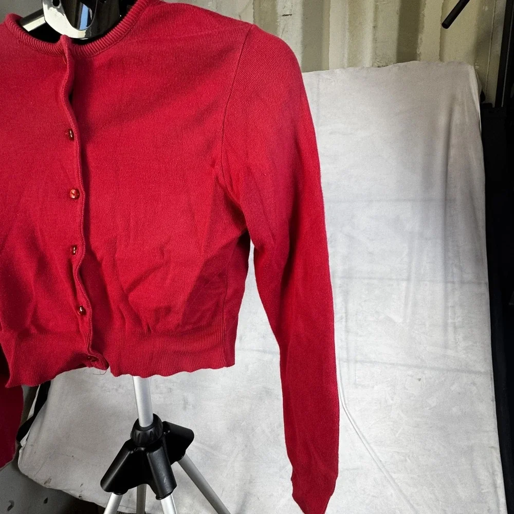 Blue Asphalt Cropped Cardigan Sweater Women's Small Red Tight Knit Button Front